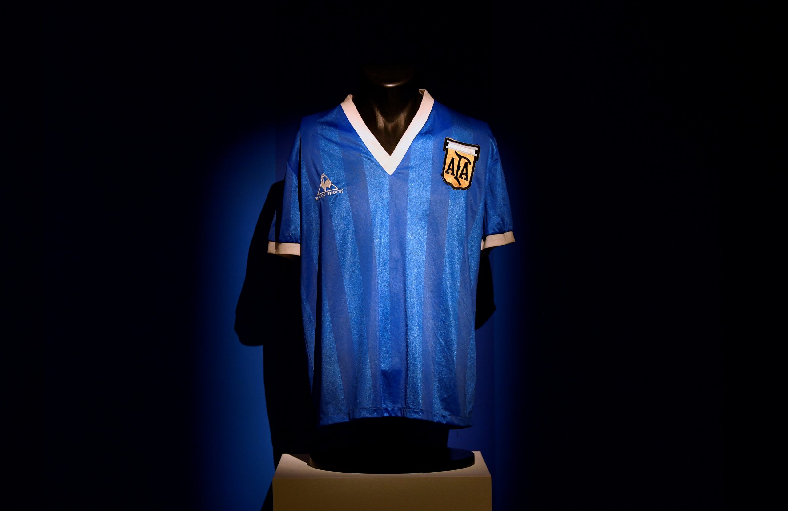 FILE PHOTO: The shirt worn by Argentinian soccer player Diego Maradona in the 1986 World Cup quarter final against England is displayed ahead of it being auctioned by Sotheby's, in London,
